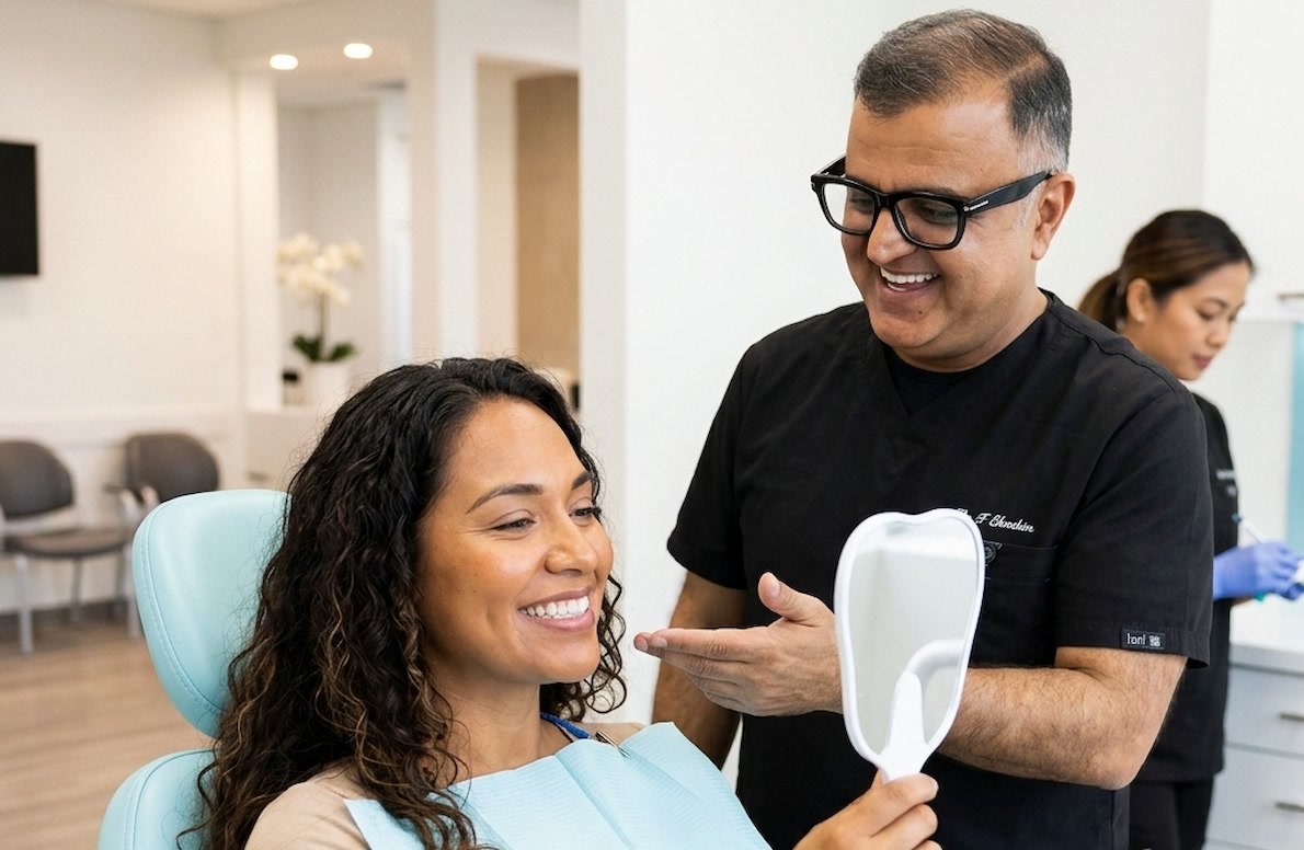 Dr. Ebrahim with a happy patient at Ultra Smile Dentistry in Mesa, AZ